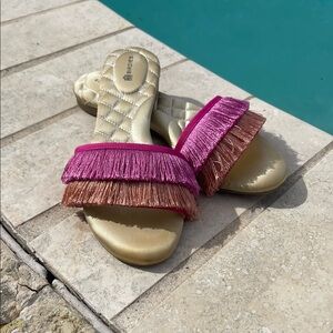 Birdies Pink and Gold Fringe Sandals
